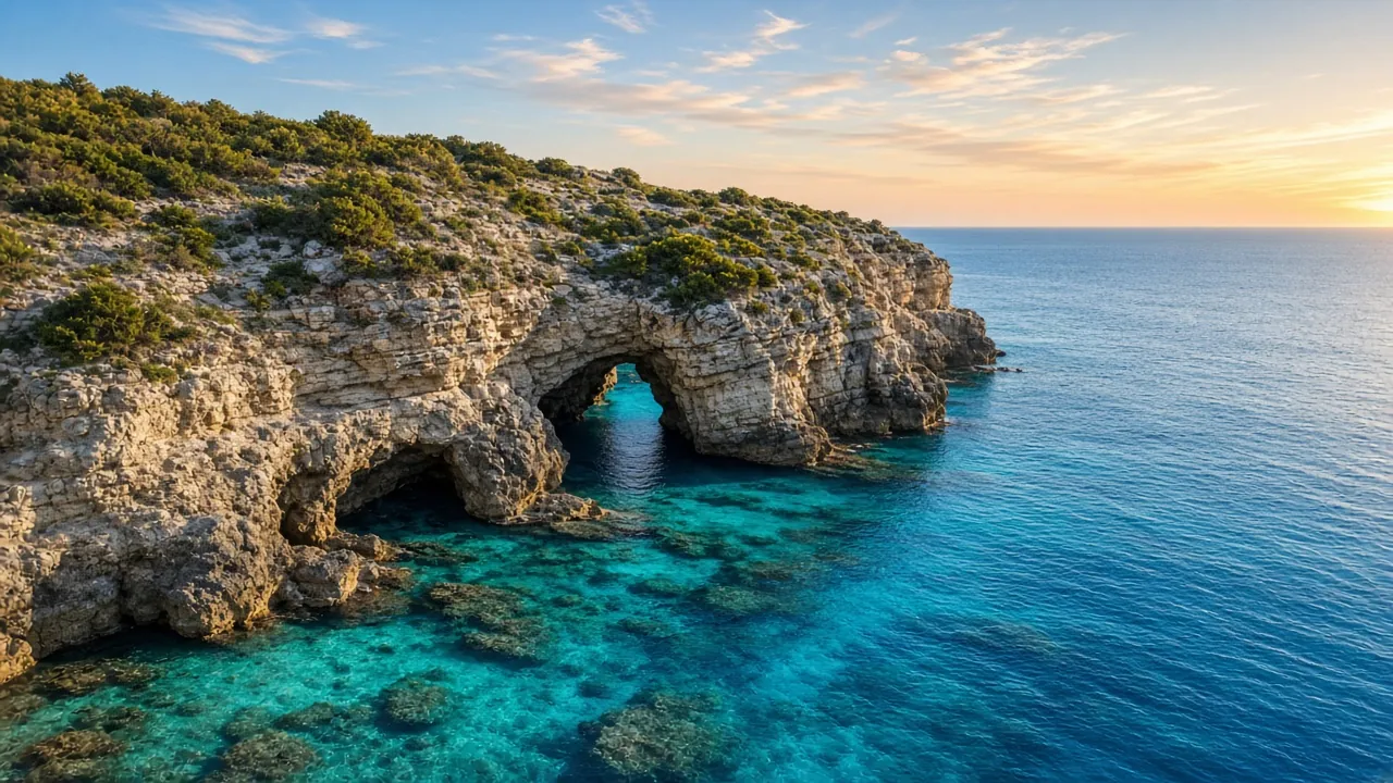 Sunrise over the sea caves of Cape Greco, Cyprus