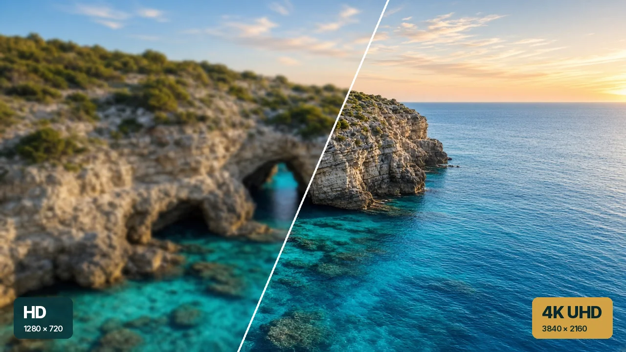 IPTV Cyprus picture quality: the same Cape Greco view in HD and in 4K