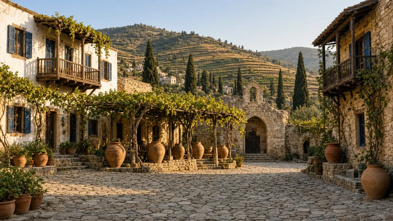 Stone lanes of Omodos wine village, IPTV Cyprus reaches homes in the Troodos hills