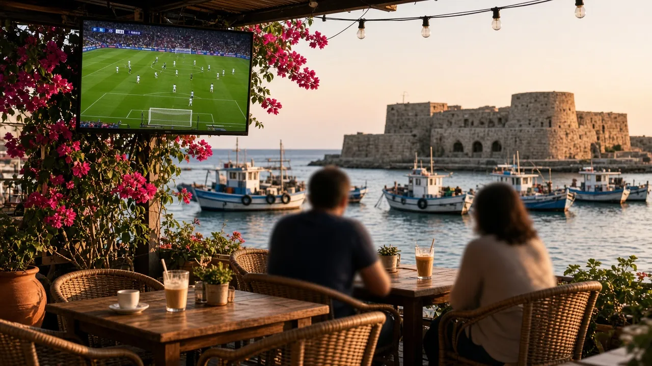 Football on a TV at a Paphos harbour café, live sport with IPTV Cyprus